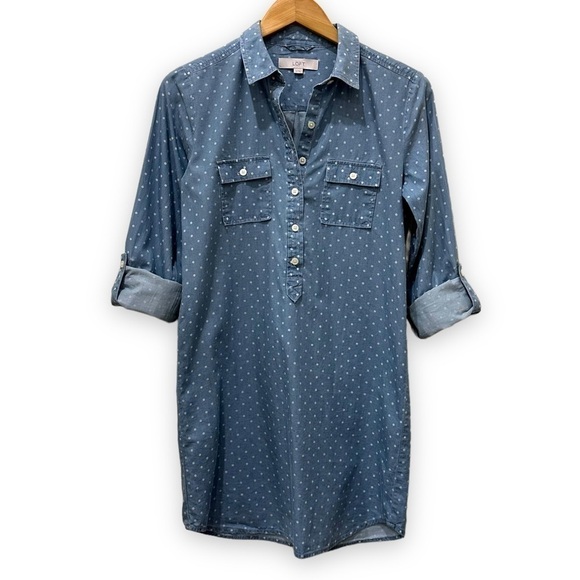 Ann Taylor LOFT‎ Chambray Shirt Dress Polka Dot Popover Roll Tab Sleeve Size XS - Picture 1 of 7